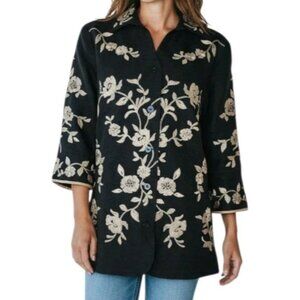 Coldwater Creek Blazer‎ Jacket Womens L Large Silk Blend Black Gold Embroidered
